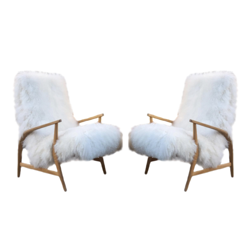Pair of reupholstered tibet lamb wool armchairs, Italy circa 1960
